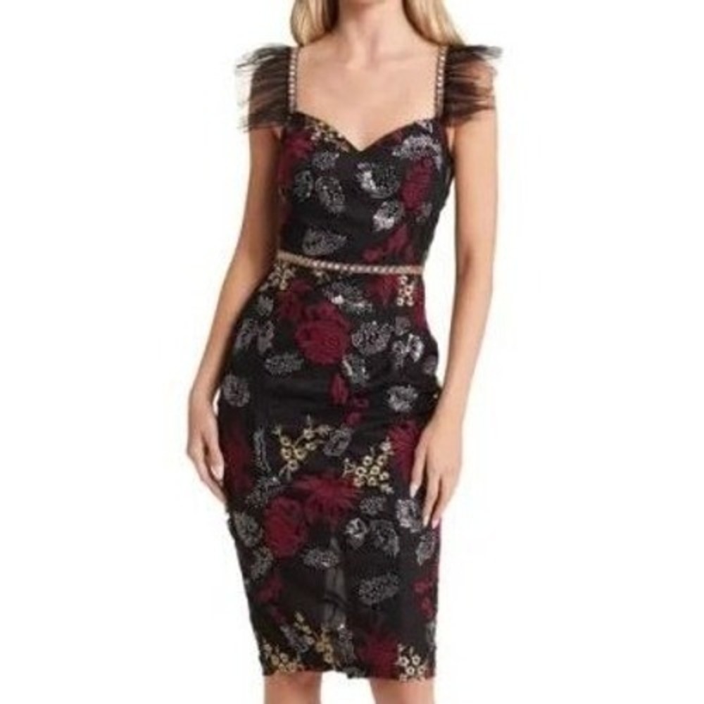 New Lulus Black Floral Embroidered Beaded Sequin Dress Tulle Sleeves Size XXS